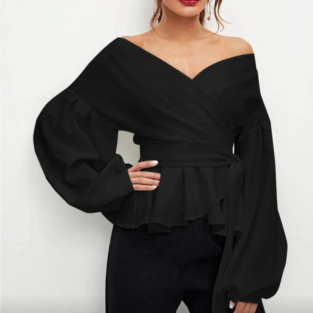 Elegant White Wrap Open Front Blouse Top Shirt - Picture 5 of 8